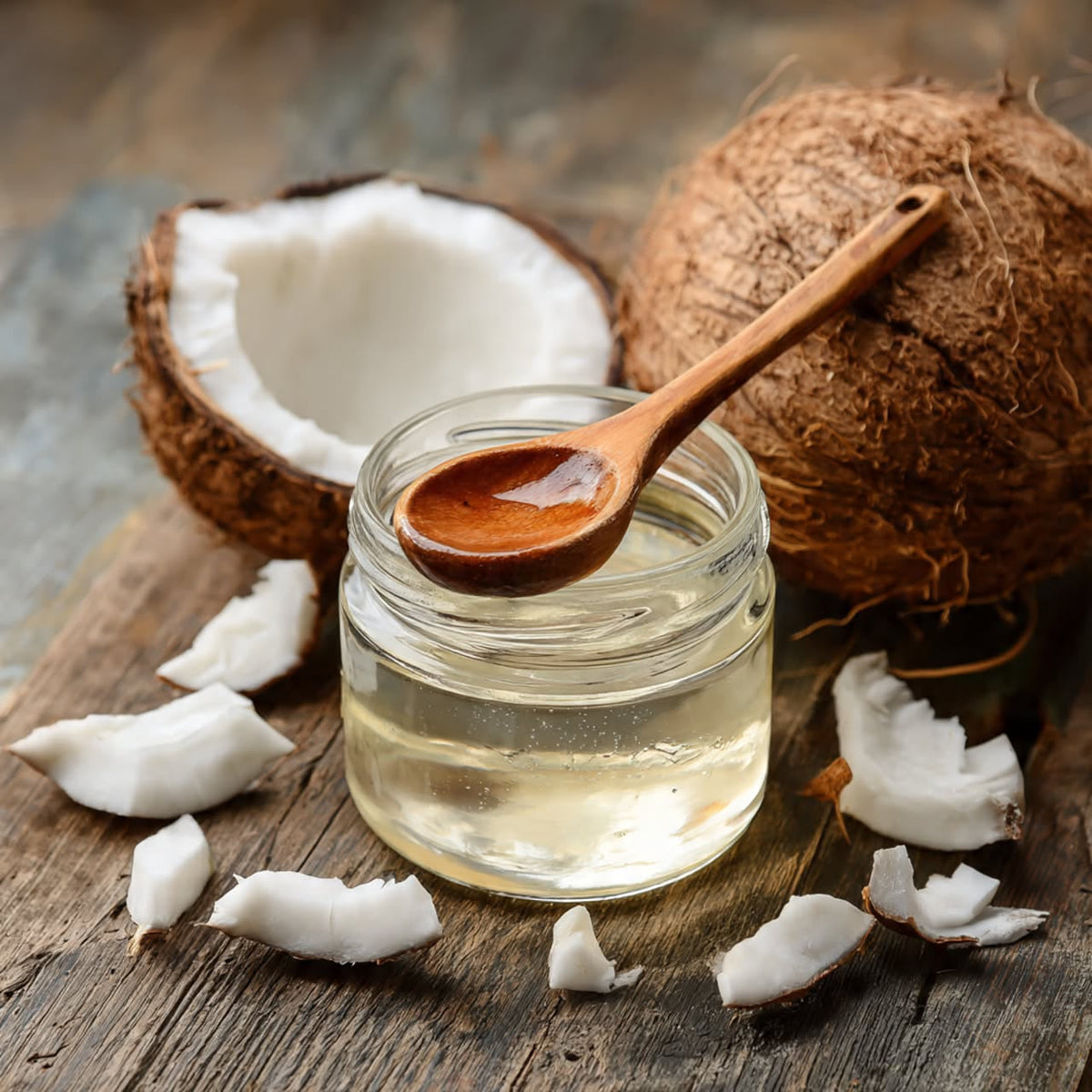 Coconut oil in a jar with a wooden spoon, surrounded by coconuts and coconut pieces on a wooden surface.