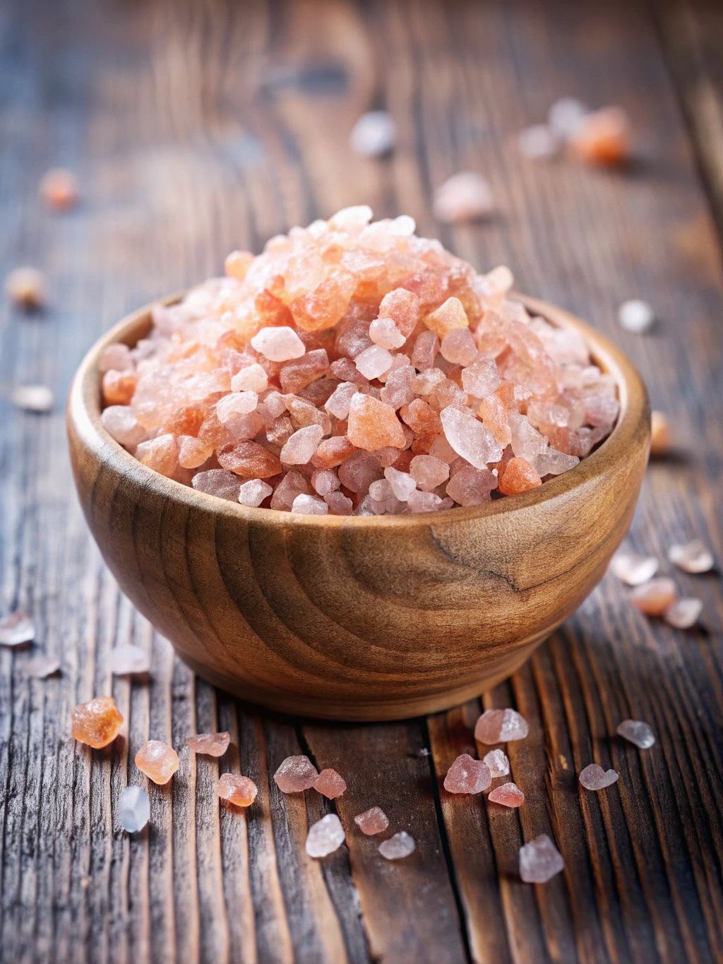 Wooden bowl filled with pink himalayan salt on a wooden surface